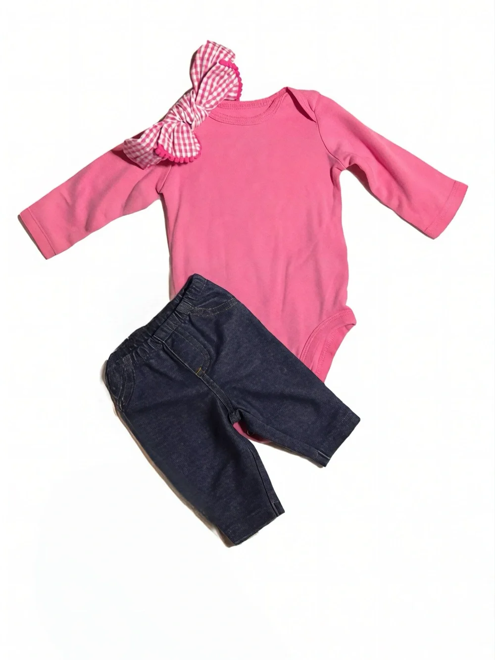 Newborn-3 month Baby Pink Long-Sleeve Onesie with Dark Jegging Pants & Hair Bow